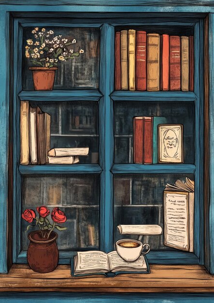 Old books and cup of coffee on a blue wooden shelf with a vase of flowers