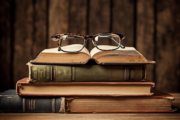 Old Books and Reading Glasses in a Classic Row