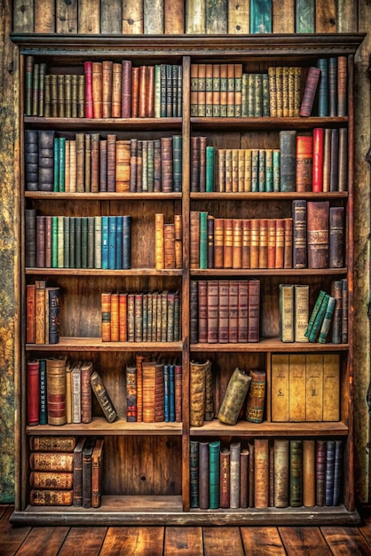 Old books on wooden shelf Many of beautiful retro book covers skins Bookshelf history theme grunge background