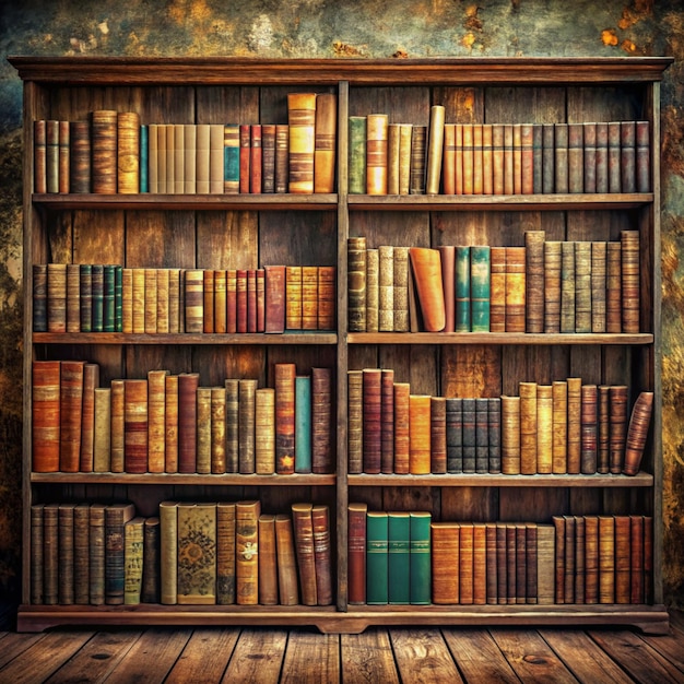 Old books on wooden shelf Many of beautiful retro book covers skins Bookshelf history theme grunge background