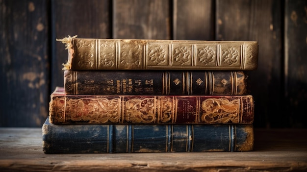 Old books on wooden table Created with Generative AI technology