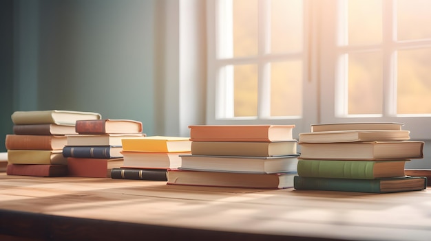 Old books on a wooden table Generative AI