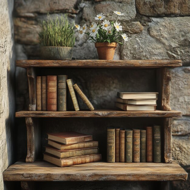 Photo old bookshelf with chamomiles on stone wall background