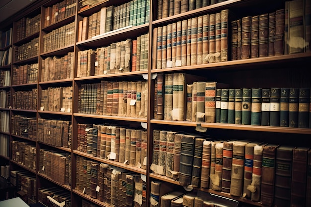 Old bookshelves in a library Vintage style toned picture So many vintage law books on a huge bookshelf AI Generated