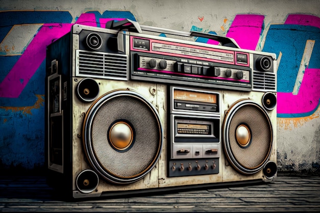 An old boombox with graffiti on it Generative AI