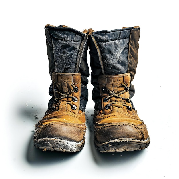 Old boots isolated on a white background Shallow depth of field