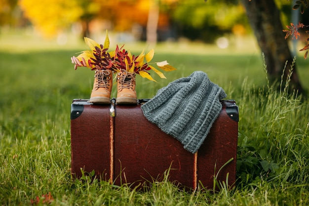 Old boots and knitted scarf on the brown vintage suitcase in autumn forest