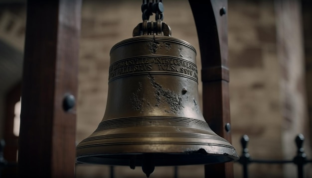 Old brass handbell ringing in Catholic chapel generated by AI