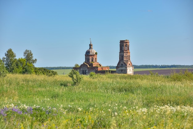 Old brick abandoned orthodox Church of the Trinity Church abandoned Trinity Church in the village