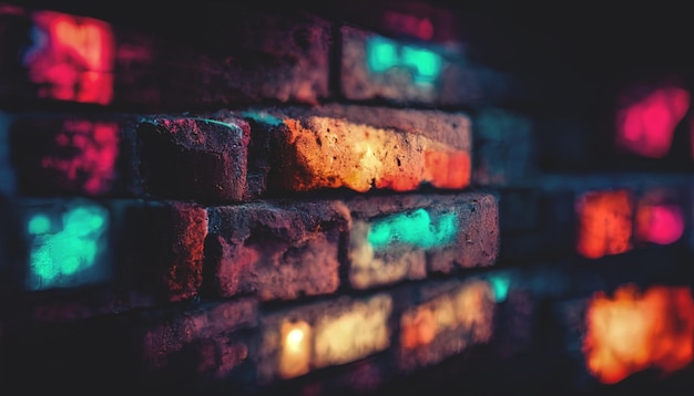 Old brick wall with neon lights Dark empty old night street smoke smog Textured brick walls 3D illustration