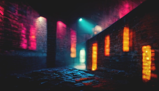 Old brick wall with neon lights Dark empty old night street smoke smog Textured brick walls 3D illustration