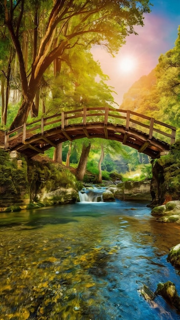 Old bridge over a creek in the forest with bright sun in the background