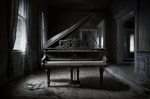 Old broken piano in the middle of empty room from abandoned house