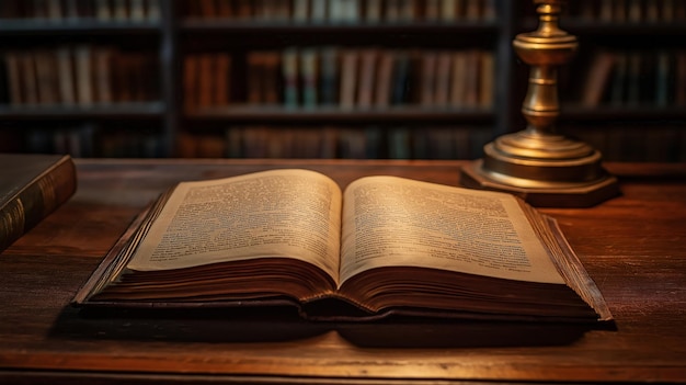 old brown book open on a wooden desk