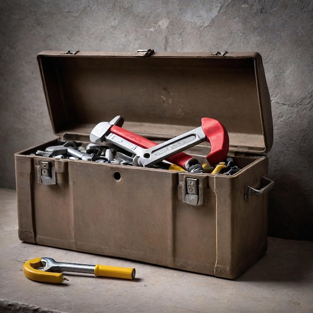 Photo old brown box with a hammer and a hammer in it