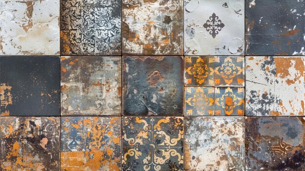 Old brown gray rusty vintage worn shabby patchwork motif tiles stone concrete cement wall texture