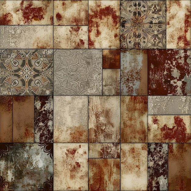 Photo old brown gray rusty vintage worn shabby patchwork motif tiles