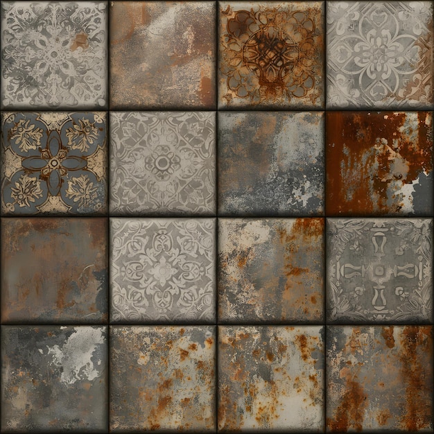 Photo old brown gray rusty vintage worn shabby patchwork motif tiles