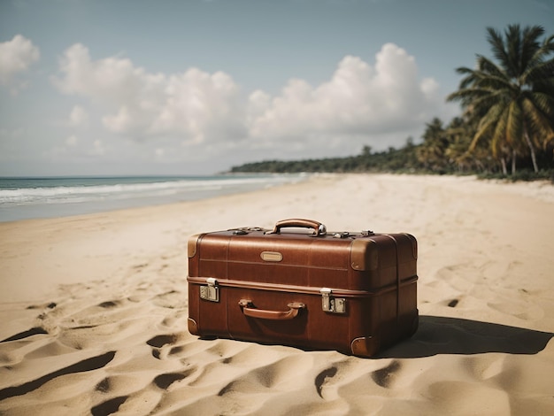 Old brown travel suitcase on beach