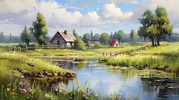 Old Brush Oil Rural Landscape Paintings. Beautiful Summer Nature Illustration of Village and River