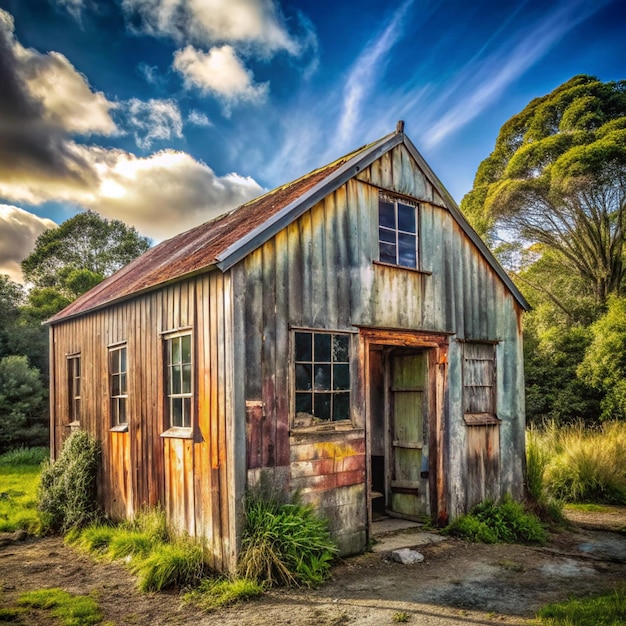 an old building with a rusty tin roof is in a field