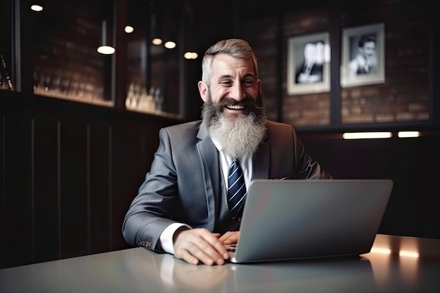 Old businessman in a suit with a big smile as he works on his laptop at the cafe