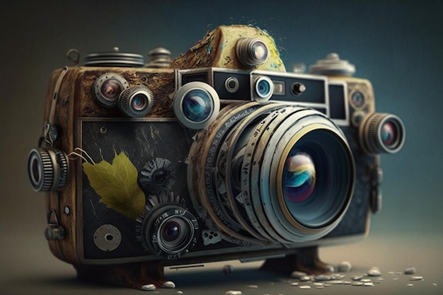 An old camera with a leaf and a camera on it