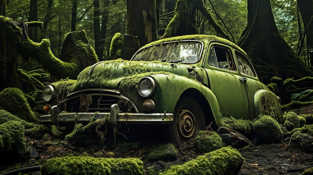 An old car covered in moss in the forest industrial and nature concept