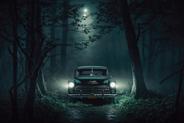 Old car in a dark scary mystical forest at night Generative AI