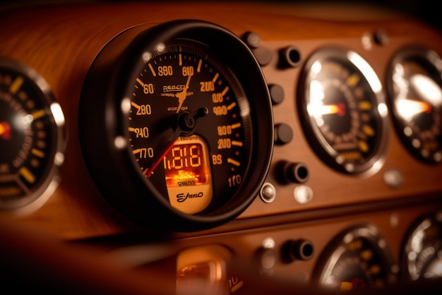 An old car dashboard with a speedometer representing car mechanics and engineering