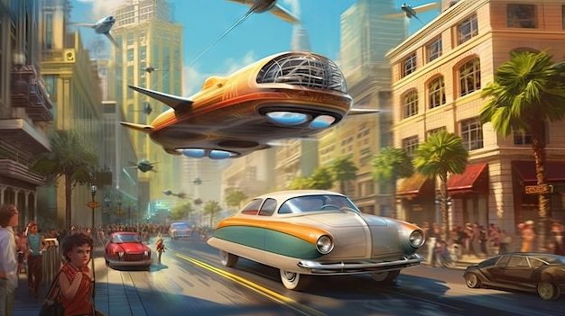 an old car flying in the air over a busy street with people walking on the sidewalk and cars passing by