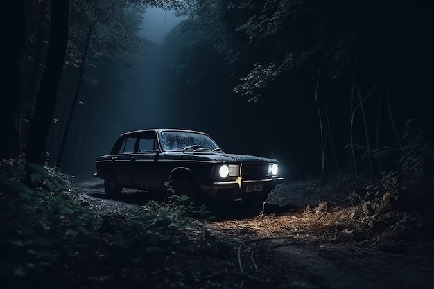 Old car found in a mysterious forest at night which can evoke a sense of intrigue suspense or danger Generative AI