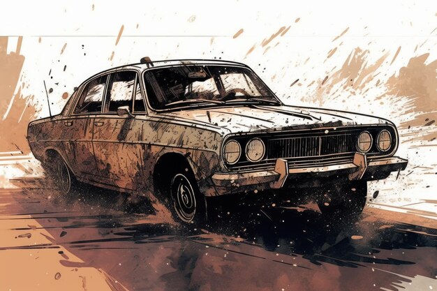 An old car is driving in the mud.