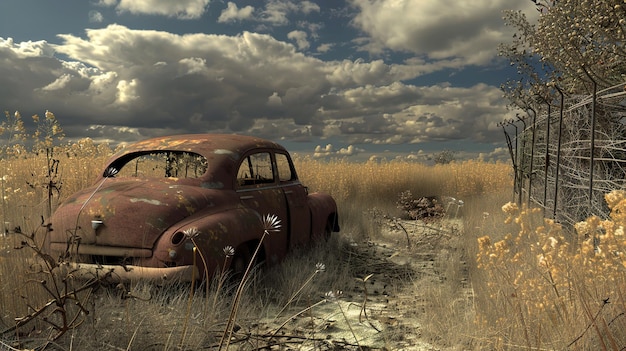 Photo an old car is in a field with a sign that says  wild