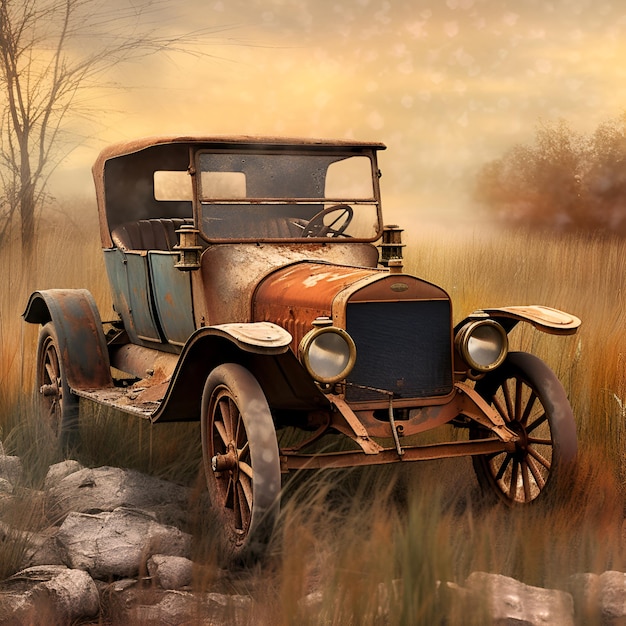 An old car is painted on a field with a painting of a car in the foreground.