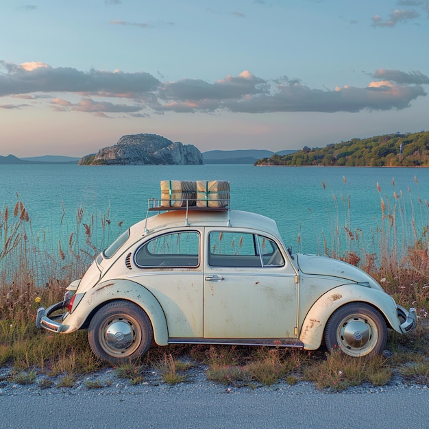 an old car with a light on top sits on the grass near a lake