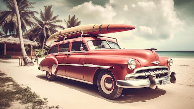 Old car with surf board Illustration AI Generative