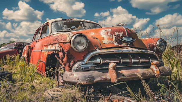 an old car with the word  rust  on the side