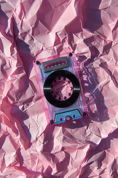 Photo old cassette tape a crumpled pink background evoking y2k nostalgia and vintage music