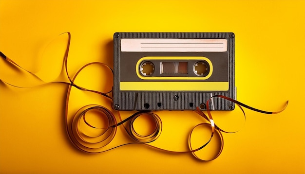 old cassette tape with unwound tape on a yellow background