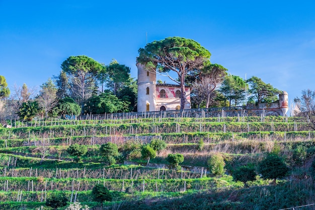 Old castle on the hill in the maritime village of Moneglia on the Italian Riviera