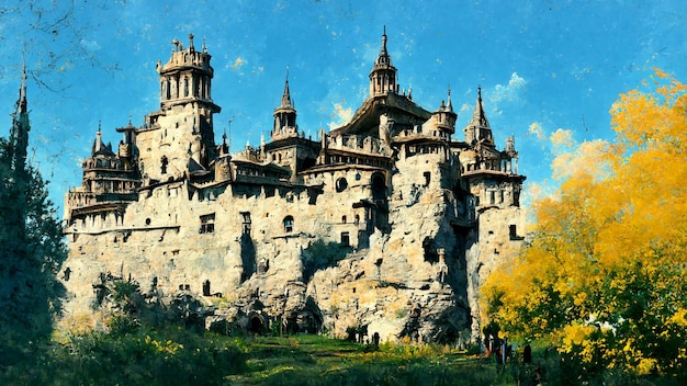 Old castle landscape watercolor realistic painting background