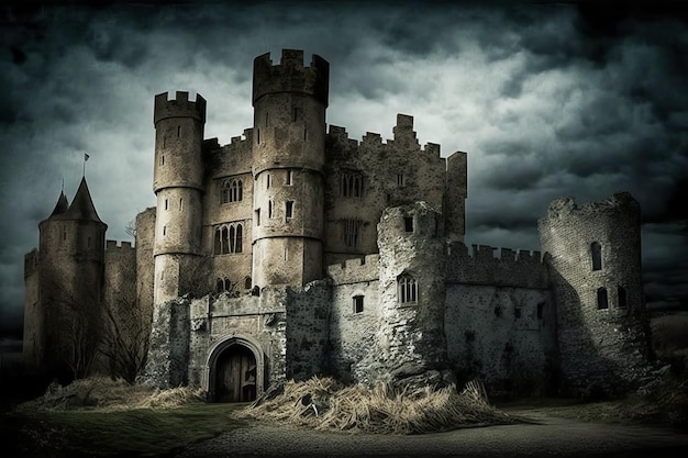 An old castle in the middle of dark stormy sky Generative AI