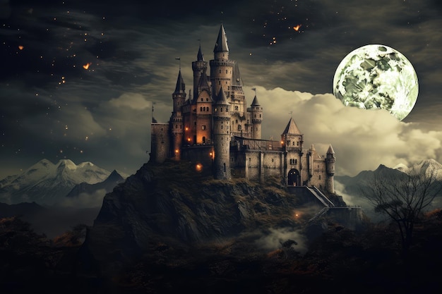 Old castle in the night with full moon Halloween background Horror film