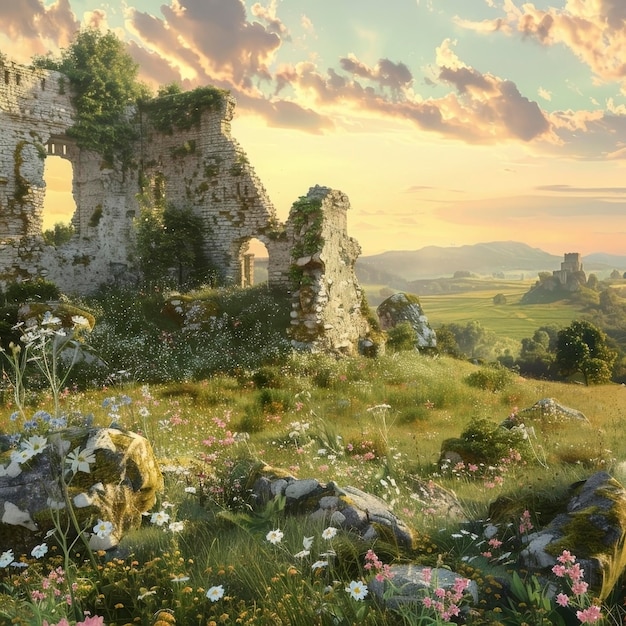 Old castle ruins on hilltop in eastern europe historical and mysterious photorealistic image