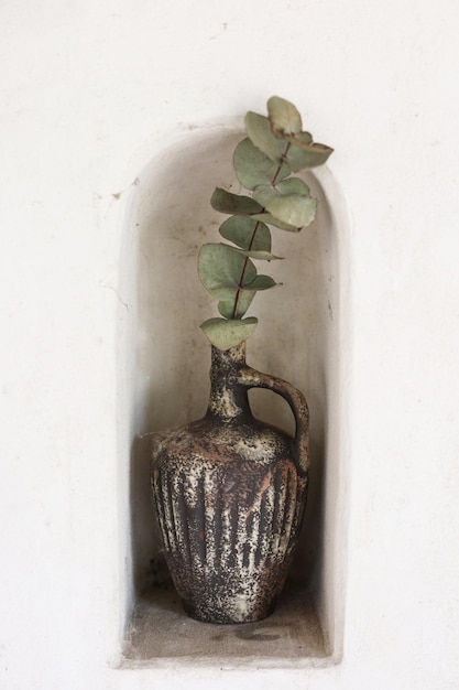 an old ceramic vase with a plant in a wall