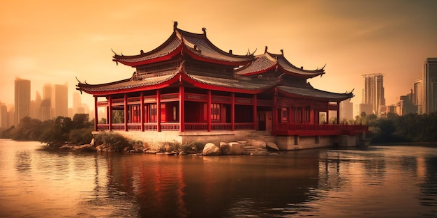 An old chinese building with a view of the river