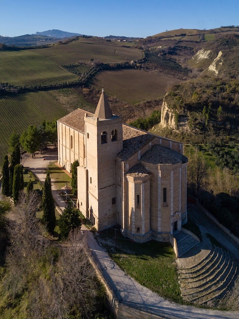 Old church Santa Maria della Rocca panoramic aerial view