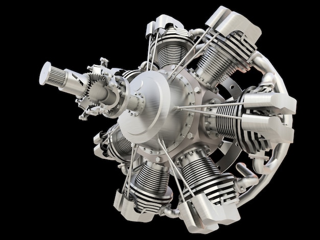 Old circular aircraft internal combustion engine. 3d rendering.