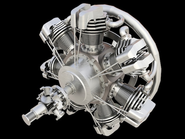 Old circular aircraft internal combustion engine. 3d rendering.